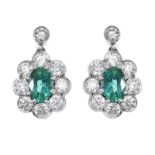 18CT WHITE GOLD EMERALD AND DIAMOND DROP EARRINGS