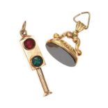 TWO 9CT GOLD FOBS / CHARMS, ONE SET WITH ONYX