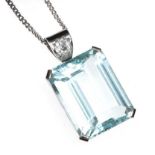 18CT WHITE GOLD AQUAMARINE AND DIAMOND PENDANT AND A 9CT WHITE GOLD CHAIN