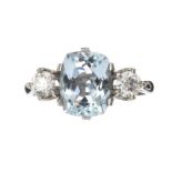 PLATINUM AQUAMARINE AND DIAMOND THREE STONE RING