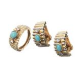 18CT GOLD TURQUOISE AND DIAMOND EARRINGS AND RING SET