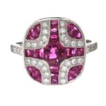 PLATINUM RUBY AND DIAMOND RING IN THE STYLE OF ART DECO