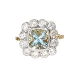 18CT GOLD AQUAMARINE AND DIAMOND RING