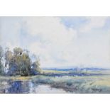 Frank McKelvey, RHA RUA - SHEEP GRAZING BY A RIVER - Watercolour Drawing - 10 x 15 inches - Signed