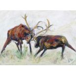 Eileen McKeown - STAG FIGHT - Acrylic on Board - 20 x 28 inches - Signed in Monogram