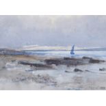 William Percy French - ESTUARY WITH SAIL BOAT & SAND DUNES - Watercolour Drawing - 7 x 9 inches -