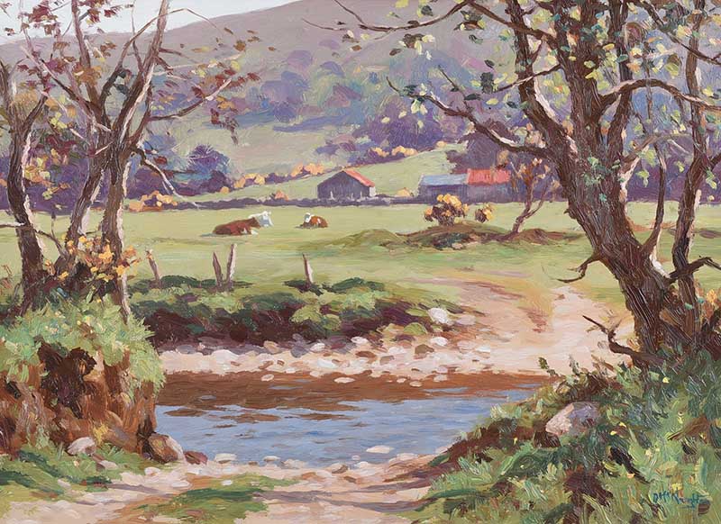 Donal McNaughton - CATTLE BY THE RIVER DUN - Oil on Board - 16 x 22 inches - Signed