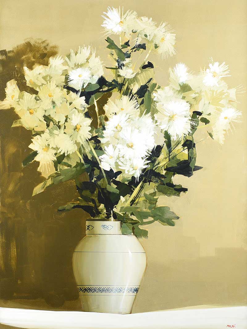 Martin Mooney - CHRYSANTHEMUMS IN A BLUE & WHITE VASE - Oil on Board - 48 x 36 inches - Signed in