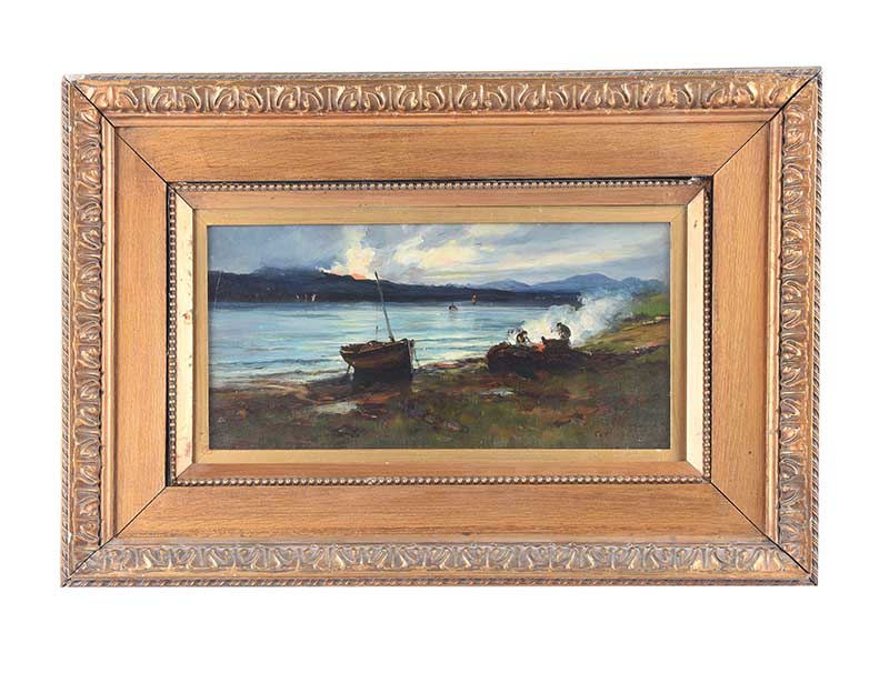 Colin Hunter, ARA - EVENING CAMP BY THE LOUGH - Oil on Board - 8 x 16 inches - Signed - Image 2 of 2