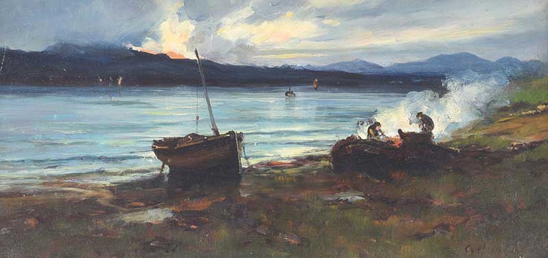 Colin Hunter, ARA - EVENING CAMP BY THE LOUGH - Oil on Board - 8 x 16 inches - Signed