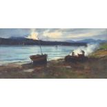 Colin Hunter, ARA - EVENING CAMP BY THE LOUGH - Oil on Board - 8 x 16 inches - Signed