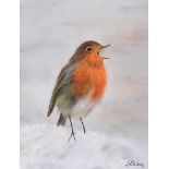 Lawrence Chambers - SINGING ROBIN IN THE SNOW - Pastel on Paper - 11 x 8 inches - Signed