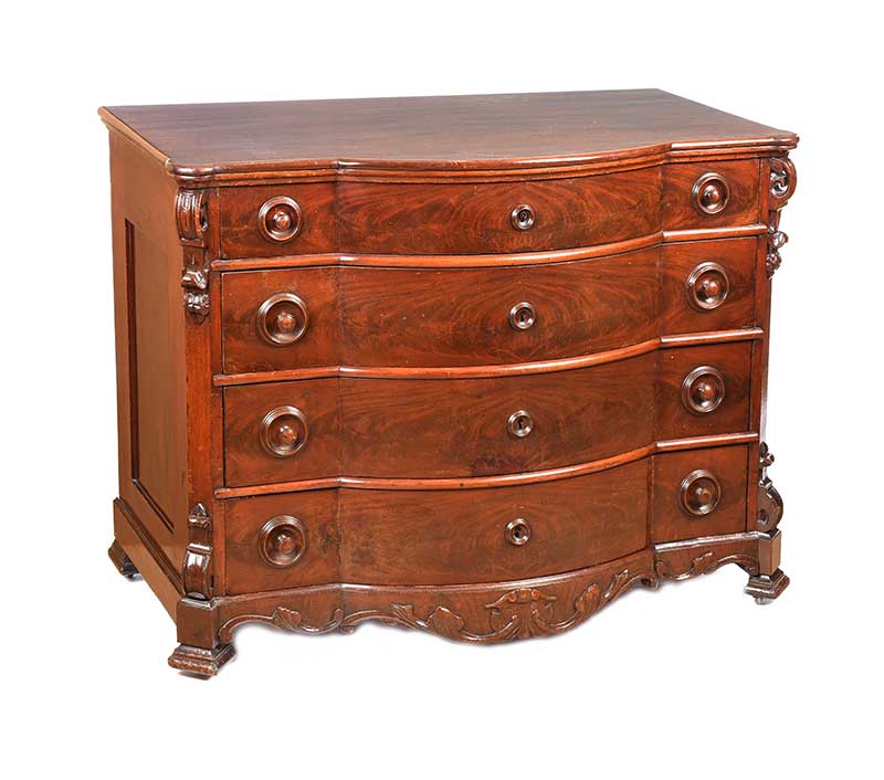 ANTIQUE MAHOGANY BOW FRONT CHEST OF DRAWERS