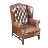 DEEP BUTTONED LEATHER WINGED BACK ARMCHAIR