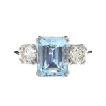 PLATINUM AQUAMARINE AND DIAMOND THREE STONE RING