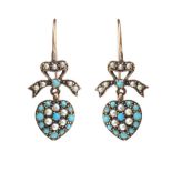 9CT GOLD DROP EARRINGS SET WITH TURQUOISE AND SEED PEARL