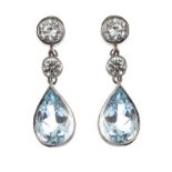 18CT WHITE GOLD AQUAMARINE AND DIAMOND DROP EARRINGS