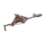 SILVER HORSE AND CROP BROOCH WITH COLOURED ENAMEL, AN EMERALD AND MARCASITE