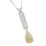 18CT WHITE GOLD OPAL AND DIAMOND PENDANT AND CHAIN IN THE STYLE OF ART DECO