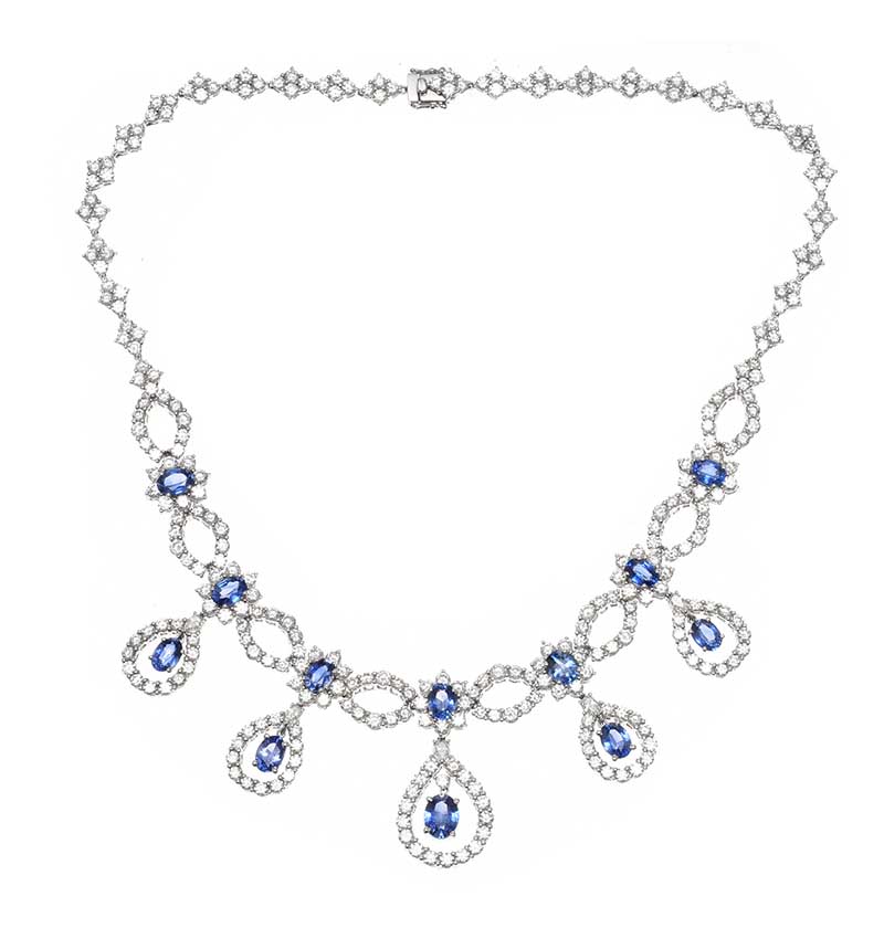 18CT WHITE GOLD CEYLON SAPPHIRE AND DIAMOND NECKLACE