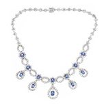 18CT WHITE GOLD CEYLON SAPPHIRE AND DIAMOND NECKLACE