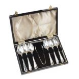 BOXED SET OF SIX EPNS TEASPOONS AND SUGAR TONGS