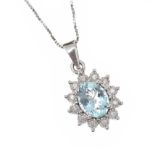 18CT WHITE GOLD AQUAMARINE AND DIAMOND CLUSTER PENDANT AND CHAIN