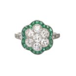 PLATINUM EMERALD AND DIAMOND CLUSTER RING