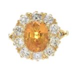 18CT GOLD FANCY YELLOW SAPPHIRE AND DIAMOND CLUSTER RING