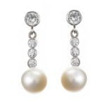 18CT WHITE GOLD DROP EARRINGS SET WITH CULTURED PEARL AND DIAMOND