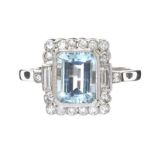 18CT WHITE GOLD AQUAMARINE AND DIAMOND RING IN THE STYLE OF ART DECO