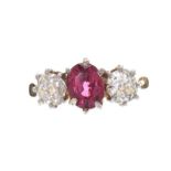 ANTIQUE 18CT GOLD RUBY AND DIAMOND THREE STONE RING