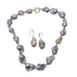 STRAND OF GREY COLOURED BAROQUE PEARLS AND MATCHING EARRINGS