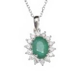 18CT WHITE GOLD EMERALD AND DIAMOND NECKLACE