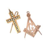 TWO 9CT GOLD MASONIC PENDANTS, ONE CRYSTAL-SET