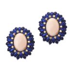 18CT GOLD CORAL, ENAMEL AND DIAMOND EARRINGS