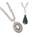ANTIQUE STERLING SILVER LOCKET AND MODERN HARDSTONE-SET PENDANT, ON STERLING SILVER CHAINS