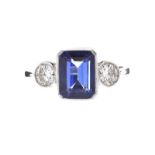 PLATINUM TANZANITE AND DIAMOND THREE STONE RING