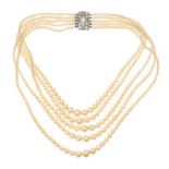 VINTAGE MULTI-STRAND FAUX PEARL NECKLACE WITH CRYSTAL-SET CLASP