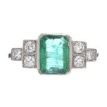 PLATINUM EMERALD AND DIAMOND RING IN THE STYLE OF ART DECO