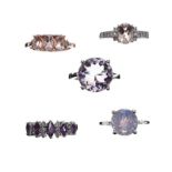 FIVE GEM-SET STERLING SILVER RINGS