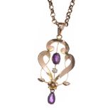 EDWARDIAN 9CT GOLD AMETHYST AND SEED PEARL PENDANT AND CHAIN