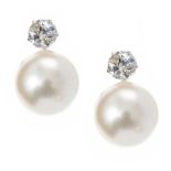 18CT WHITE GOLD DIAMOND CULTURED PEARL EARRINGS