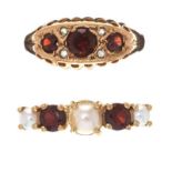 TWO 9CT GOLD RINGS SET WITH GARNET, PEARL AND DIAMOND
