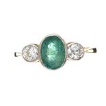 18CT GOLD EMERALD AND DIAMOND THREE STONE RING