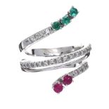 18CT WHITE GOLD EMERALD, RUBY AND DIAMOND RING
