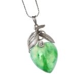 WHITE METAL AND JADE HEART-SHAPED PENDANT AND CHAIN