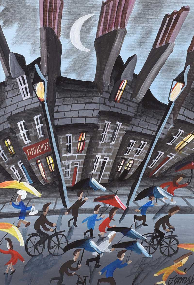 John Ormsby - THE UMBRELLA MARCH - Acrylic on Board - 14 x 10 inches - Signed