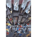 John Ormsby - THE UMBRELLA MARCH - Acrylic on Board - 14 x 10 inches - Signed
