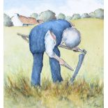 Mary Hoey - WORKING IN THE FIELD - Watercolour Drawing - 8 x 8 inches - Signed